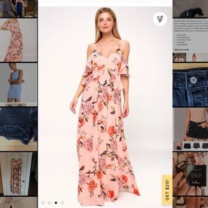 Lulu’s De Fleur Blush Floral Print Ruffled Off-The-Shoulder Maxi Dress